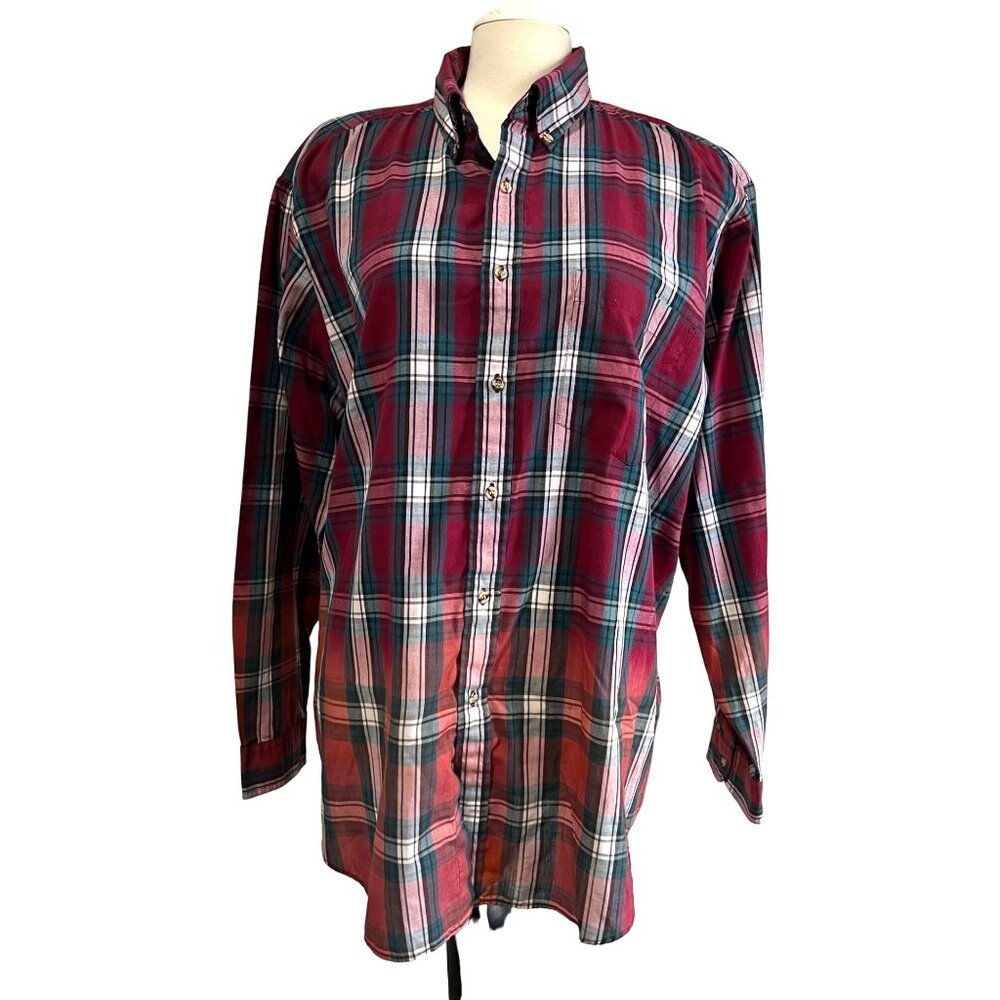 Savile Row Traditions Ombre Plaid Button Down Shirt Sz XL Men Red White Long Sle
